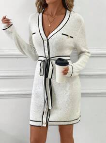 SHEIN Clasi Women's V-Neck Polka Dot Contrast Trim Long Sleeve Short Knit Sweater Dress, Autumn/Winter Winter Women Outfits Women Sweater Dresses - Beige - View 5