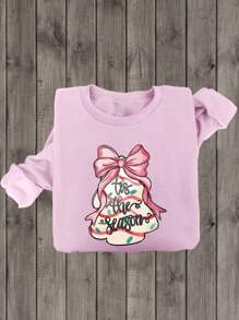 SHEIN Qutie 女士字母与蝴蝶结印花圆领休闲套头运动衫 - 淡紫色 - 查看 1