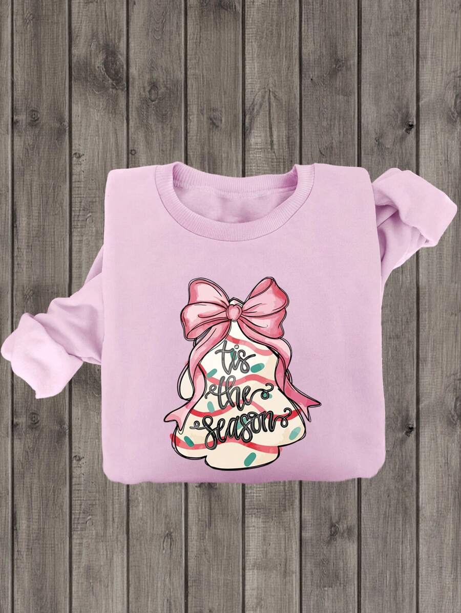 SHEIN Qutie 女士字母与蝴蝶结印花圆领休闲套头运动衫 - 淡紫色 - 查看 1