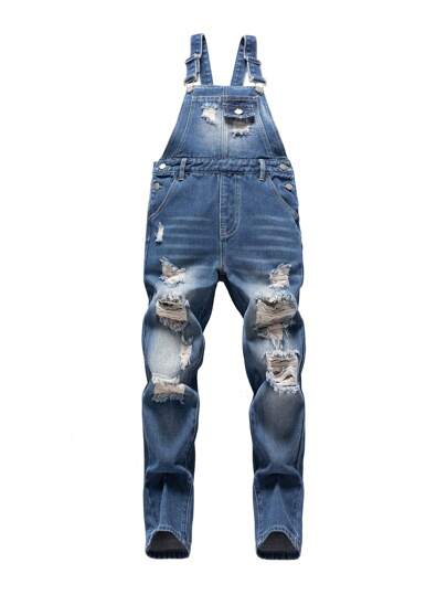 SHEIN Tween Boys' Vintage Washed Distressed Denim Overalls & Jumpsuits, Casual Street Fashion Bib Pants, Versatile And Simple Design