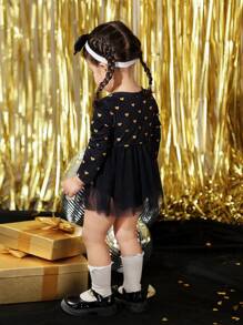SHEIN Baby Girl Casual Foil Heart Pattern Splice Mesh Ruffle Bodysuit With Headband - Navy Blue - View 2