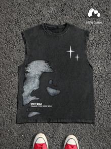 Manfinity EMRG Men's Slogan Print Loose Fit Casual Versatile Tank Top - Black - View 1