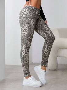 女士豹纹口袋休闲紧身牛仔裤，百搭 - 彩色 - 查看 4