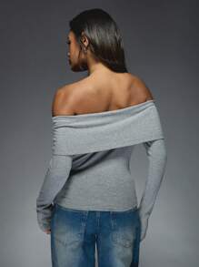 MISSGUIDED 罗纹折叠翻盖纽扣长袖露肩上衣 - 淺灰色 - 查看 2