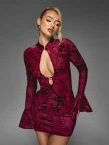 MISSGUIDED Velvet Floral Burnout Mini Dress With Bell Sleeves Mandarin Collar Keyhole Design Evening Party Holiday Special Occasion Cheongsam Style - Burgundy - View 1