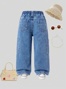 Young Girls Elastic Waist Adjustable Drawstring Relaxed Fit Floral Embroidered Multi-Pocket Denim Straight Leg Pants, Light Blue, School, Campus, College - Medium Wash - View 2