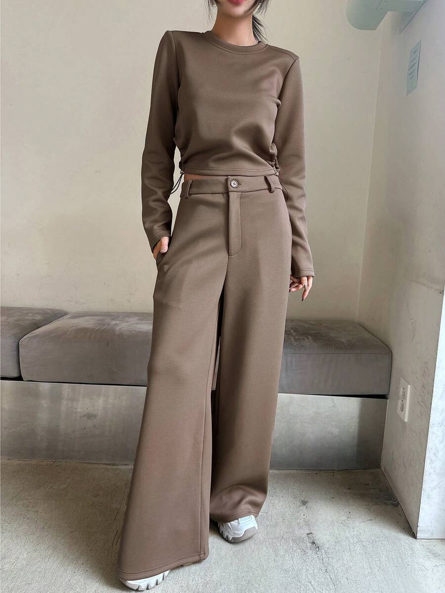 DAZY Solid Color Round Neck Cropped Sweatshirt And Wide Leg Pants 2 Pieces Set For Women,Fall Clothes - Brown - View 1