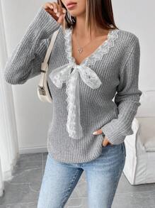 Chiquease Eleganter Damen V-Ausschnitt Pullover Sweater mit Spitzenbesatz, Langarm, minimalistisches Design Strickpullover Herbst Winter