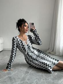 Chiquease Women's Casual Simple Lace-Up Collar All-Over Print Long Sleeve Sweater Dress Fall Cloth For Women