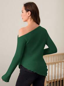 SHEIN Maternity Asymmetric Neck Ruffle Trim T-Shirt, Suitable For Autumn/Winter - Dark Green - View 2