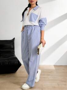 RueChic Drop Shoulder Stripe Pattern Flap Pocket Detailed Shirt And Pant - Blue and White - View 3