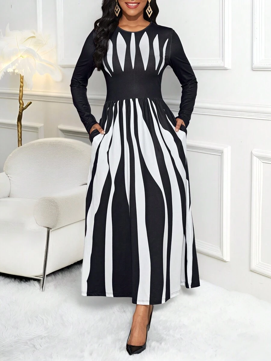 SHEIN Lady Colorblock Hidden Pocket Dress - Black and White - View 1