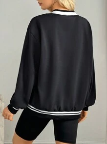 INAWLY Women Plain Color Block Long Sleeve Casual Pullover Sweatshirt With Bear Pattern Details  Fall Outfit - Navy Blue - View 2