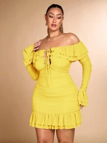 SHEIN BAE Plus Size Women Romantic Sweet Party Bodycon Ruffled Off-Shoulder Mini Dress - Yellow - View 6