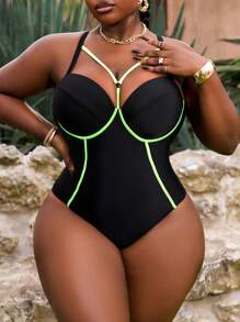 Slaydiva Plus Size 1pc Tankini z krzyżującymi się ramiączkami spaghetti i fiszbinami, jednoczęściowy kostium kąpielowy z kontrolą brzucha na wypoczynek na plaży, basenie, latem - Czarne - Zobacz 3