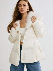 Enchnt 女士冬季白大衣，长袖蓬松领带补丁蓬松厚外套，秋季女装，女士冬季外套，感恩节 - 奶油色 - 查看 5