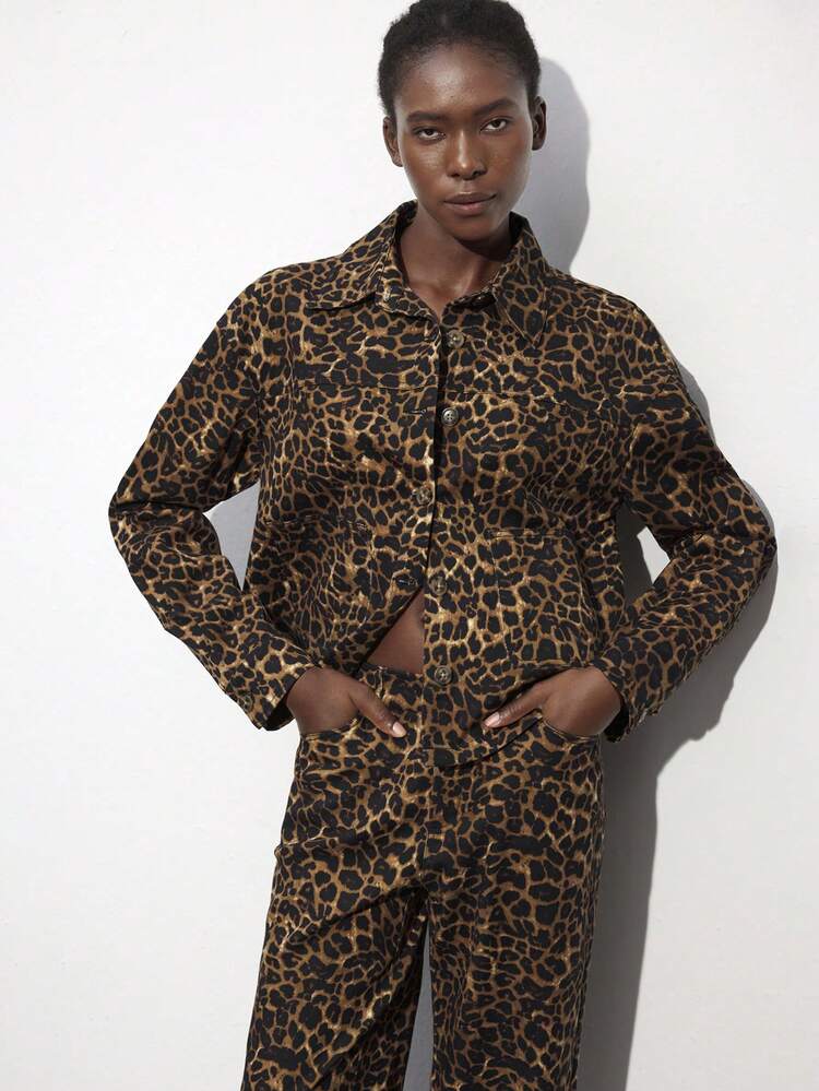 SHEIN Maija Women Leopard Print Turndown Collar Daily All-Match Jacket, Autumn/Winter,Festival