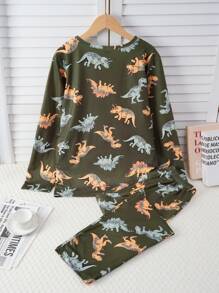 2pcs Teenager Boys Casual Loungewear Set - Dinosaur Print Olive Green Flame Retardant Milk Silk Long Pants & Long Sleeve Top