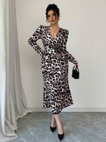 SHEIN Unity Robe femme élégante à imprimé léopard, col en V, taille péplum, ourlet en queue de poisson, robe longue automne pour femme - Multicolore - Voir 4