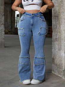 SHEIN ICON Plus Size Women's High Waisted Frayed Hem Flared Casual Versatile Jeans - Blue - View 1