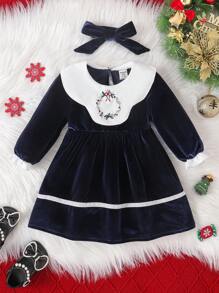 SHEIN Baby Mädchen Luxus Samt Kragen Prinzessin Geburtstags Party Kleid Herbst/Winter - Königsblau - Übersicht 1