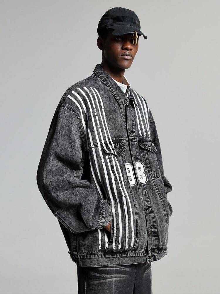 Men's Black Street Baseball Style Woven Denim Long Sleeve Jacket