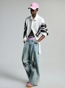 NEON BLANC Men's Woven Contrast Color Stripe & Numeral Print Long Sleeve Shirt - White - View 1