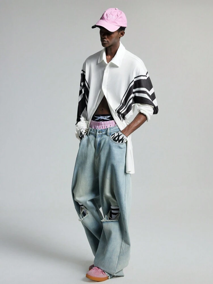 Men's Woven Contrast Color Stripe & Numeral Print Long Sleeve Shirt