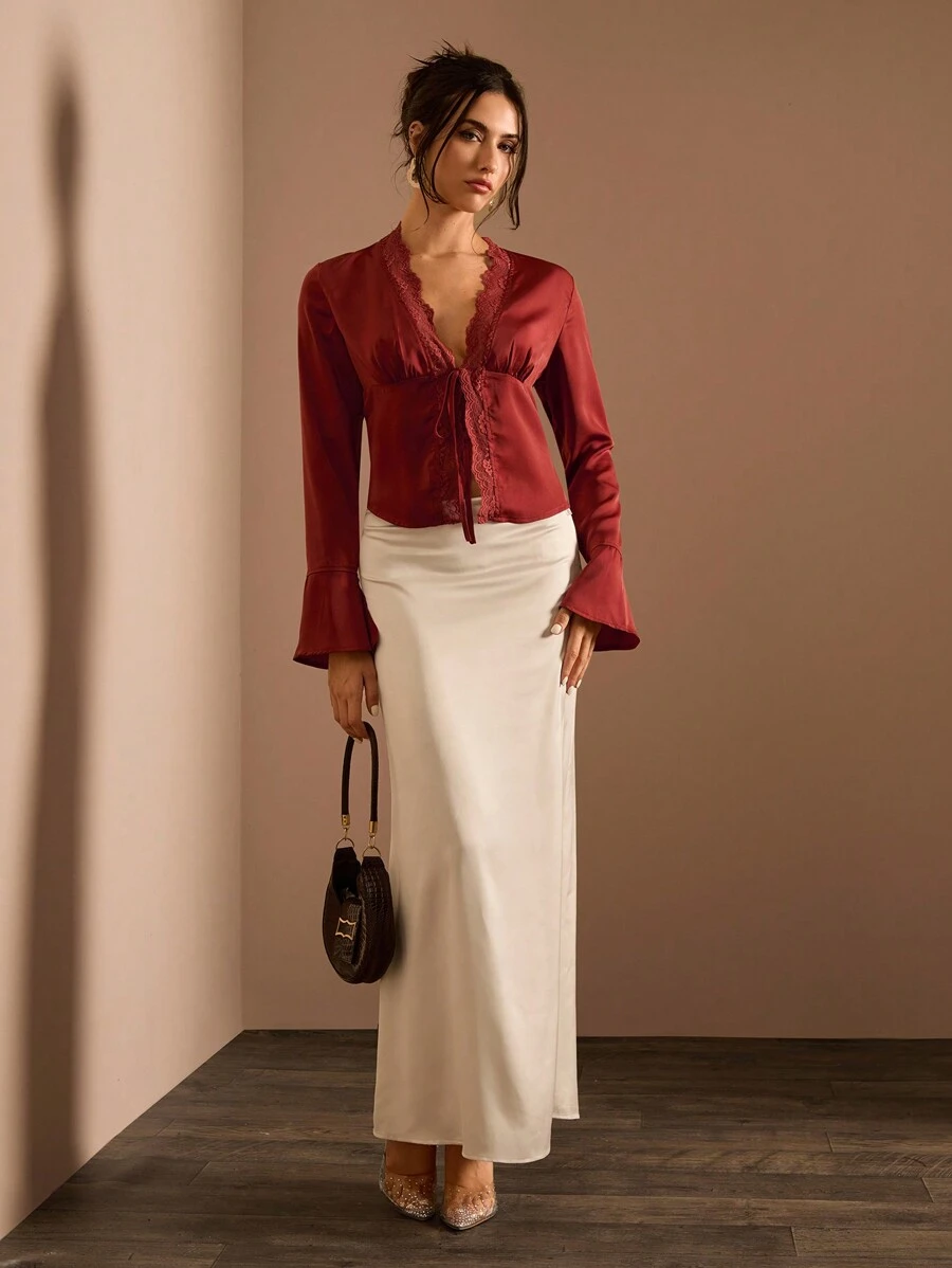 Glamine Elegant Solid Color Lace Flare Sleeve Women's Blouse For Autumn Fall Cloth For Women