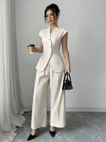 Siren Gaze 2024年秋季新款不对称金属扣装饰西装背心、长款背心外套、阔腿西装裤、休闲商务工作服套装