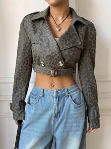 SHEIN EZwear Women's Autumn Leopard Print Lapel Collar Long Sleeve Short Fashionable Trench Coat