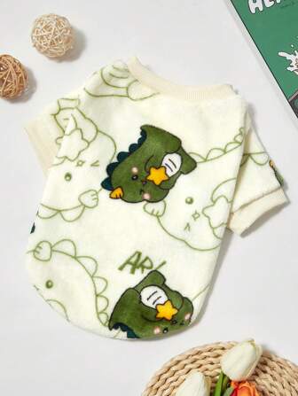 PETSIN 1pc Beige Flannel Dinosaur Print Warm Round Neck Hoodie, Suitable For Pets Dogs And Cats