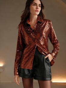 Anewsta Women's Fashionable Sequin Embellished Loose Long Sleeve Blouse For Holiday Party Clothes Party Shirt For Women - Rust Brown - View 6