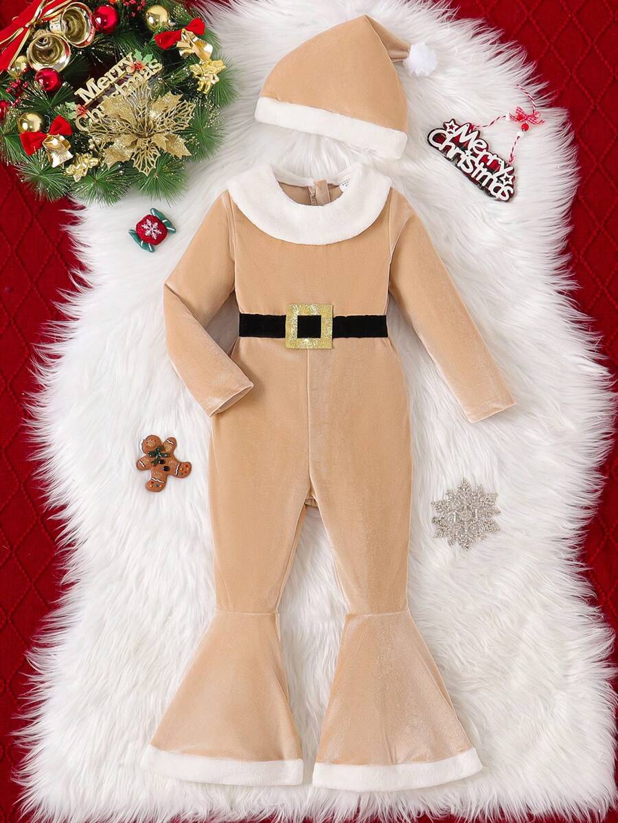 SHEIN Tuta invernale in velluto con collo rotondo e maniche lunghe per giovani ragazze, decorata con nastro in vita di colore nero, zampa attillata, con chiusura lampo nascosta sul retro per indossarla facilmente, regalo di Natale con cappello da Babbo Natale con pon pon