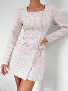 Chiquease 女士休闲日常通勤方领圆扣细节长袖连衣裙套装 - 淺粉色 - 查看 3