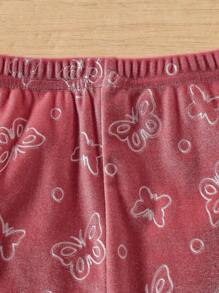 SHEIN Young Girl Velvet Butterfly Embossed Hoodie Top And Pants Casual Set