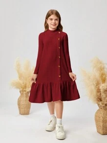 SHEIN Leap Crew Tween Girl 休闲羊毛罗纹高领拼布荷叶边下摆纽扣装饰中长连衣裙 - 酒紅色 - 查看 5
