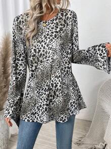 SHEIN LUNE Women Leopard Print Long Sleeve Crew Neck Sweatshirt, Autumn New Arrival