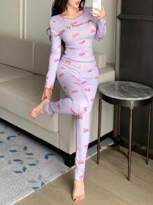 DAZY 扎染蝴蝶结图案印花撞色边修身睡衣套装秋冬 - 紫色 - 查看 8