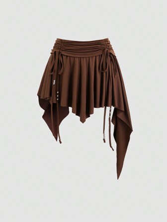 Sweetra Damen neue asymmetrische Minirock im Y2K-Stil mit Rüschensaum, Western-Cowgirl-Stil, Strandbummel, Kordelzug Taille, Herbstoutfit