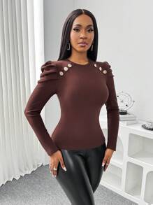 SHEIN Clasi Women's Crew Neck Raglan Sleeve Metal Button Decor Fitted Basic T-Shirt, Coffee, Regular Fit, Autumn/Winter Fall Cloth For Women - Coffee Brown - View 3