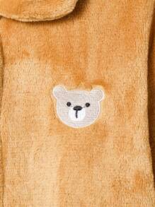 2pcs Set Older Boys Thickened Plush Yellow Simple Fashion Little Bear Embroidered Logo Long Pants And Long Sleeve Cardigan, Comfortable Pajama Set For Autumn & Winter