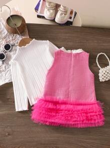 SHEIN 2 件套女婴分层网眼荷叶边下摆纯色无袖拉链前裙带假口袋和针织围脖领长袖上衣，可爱舒适时尚套装，适合春秋/冬季 - 紅色 - 查看 2