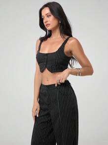 SHEIN EZwear Women's Casual Black Stripe Crop Top And Pants Set