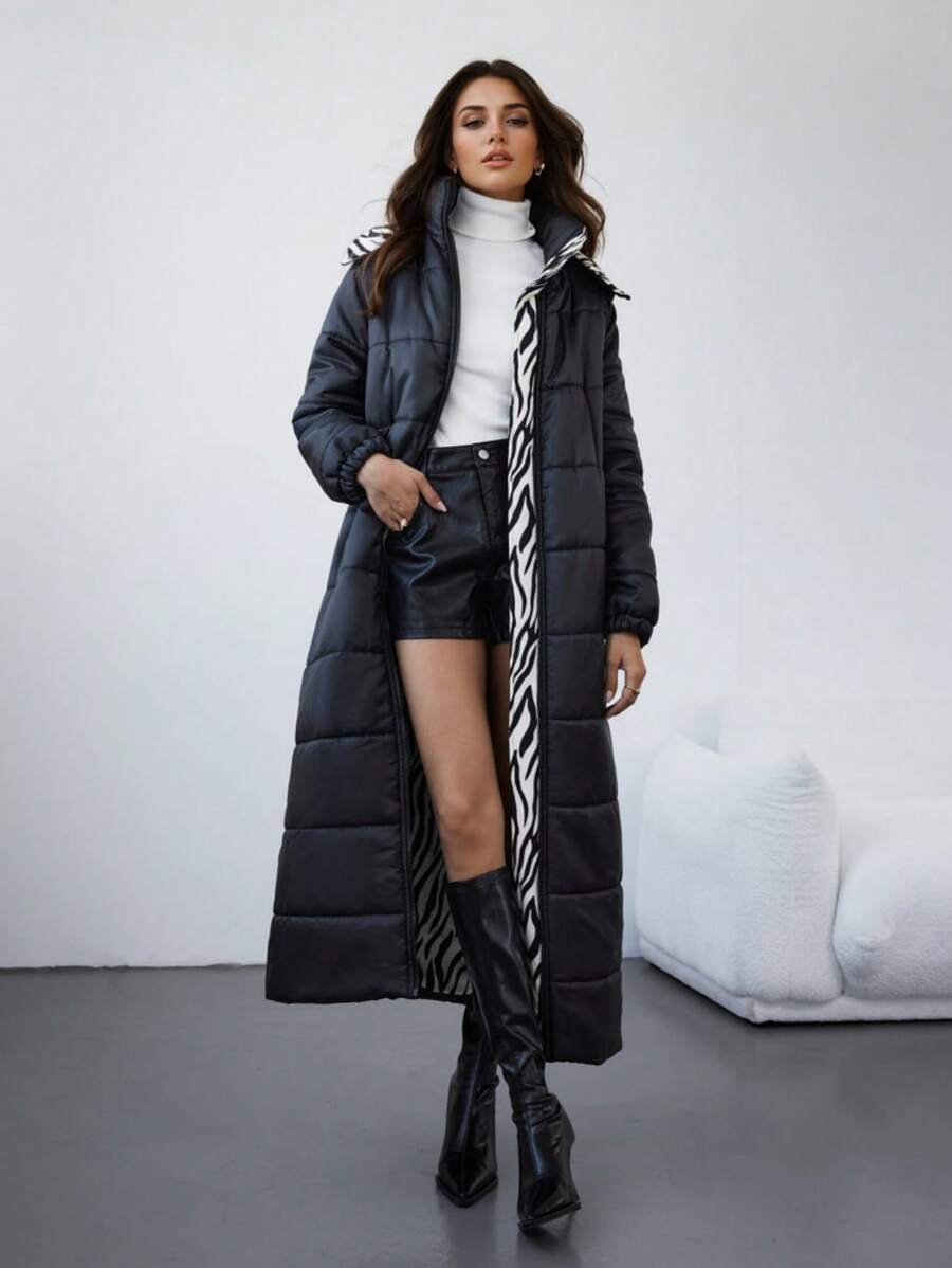 Firerie Women's Colorblock Pocket Hooded Padded Coat, Winter Long Sleeve - Black - View 1