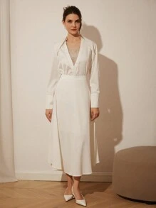 GENKIRA Áo sơ mi cài nút cổ chữ V đính ngọc trai kiểu Pháp sang trọng gợi cảm, thanh lịch, giản dị, công sở, ngày lễ tình nhân, mùa xuân - trắng - Xem 4