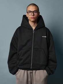 SUMWON Sudadera con capucha de estilo urbano con cremallera, estampado tipográfico árabe en la espalda, capucha ajustable, esencial para el streetwear y el athleisure en otoño e invierno