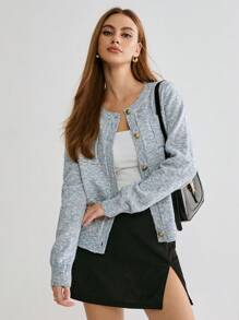 Enchnt Áo len cardigan dài tay đơn sắc cài nút phía trước dành cho nữ - Màu xanh lam - Xem 4