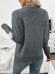 SHEIN LUNE Women's Casual Fluffy Floral Pattern Round Neck Drop Shoulder Long Sleeve Knitted Pullover Sweater, Autumn/Winter - Grey - View 2