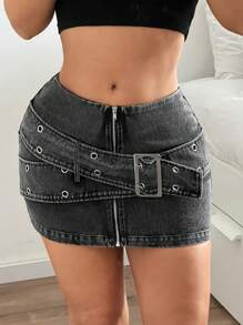 SHEIN ICON 女式 Y2k 休闲前拉链低腰金属扣装饰迷你裙，休闲日常穿着 - 灰色 - 查看 3